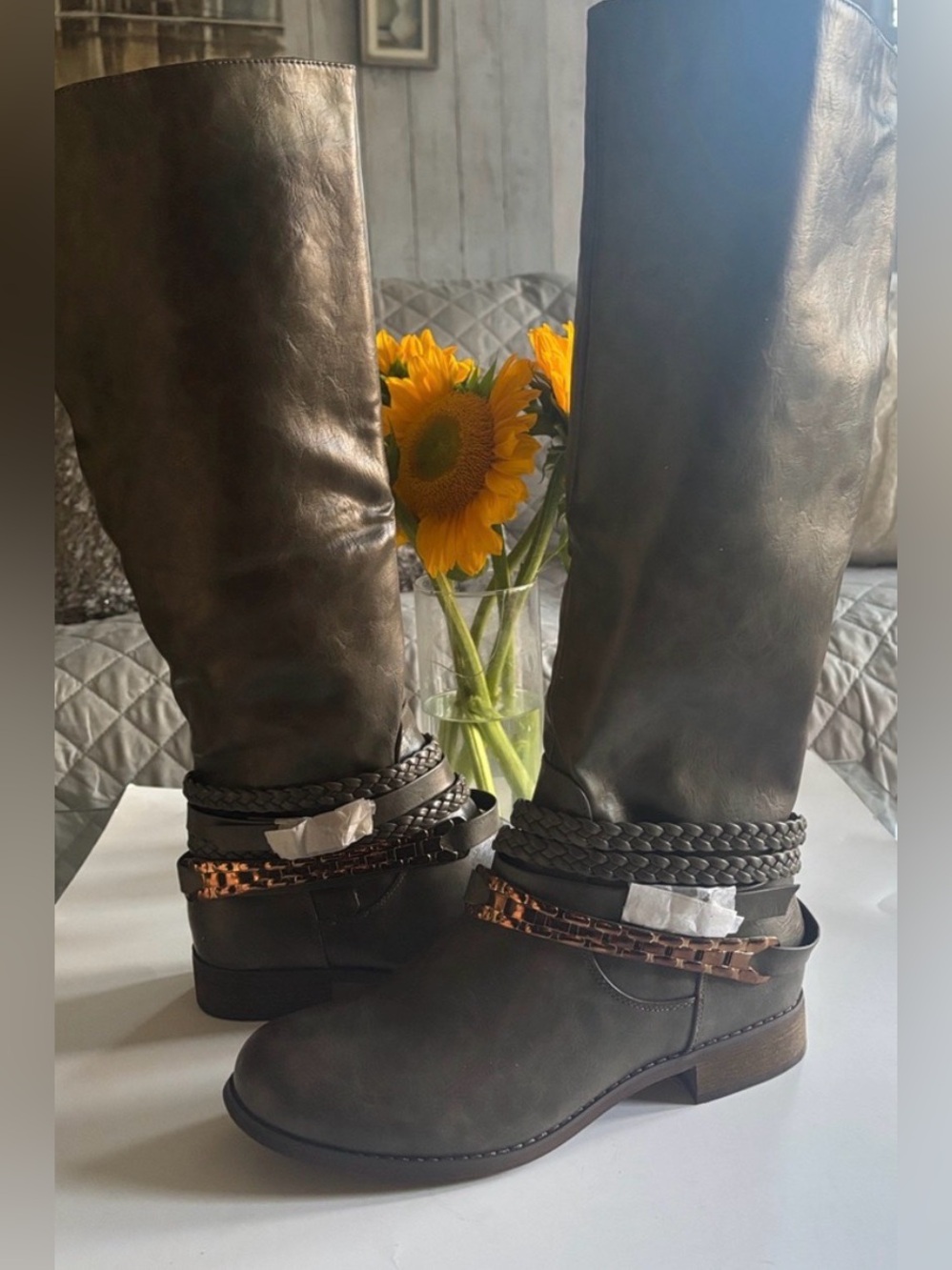 Women's Tall Buckle & Braided Strap Riding Boots - Brown